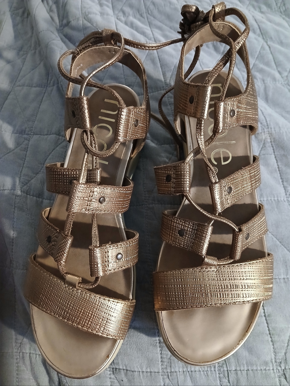 Nicoleo Metallic Gold Strappy Lace-Up Gladiator Sandals